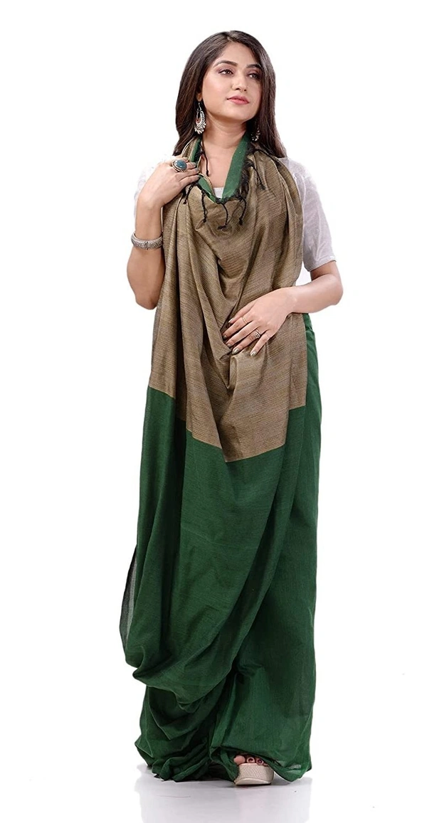 Handloom Solid Color Slab Pallu Saree - Dark Green