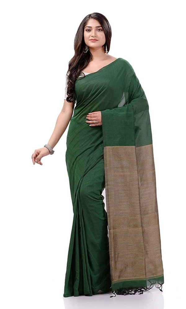 Handloom Solid Color Slab Pallu Saree - Dark Green