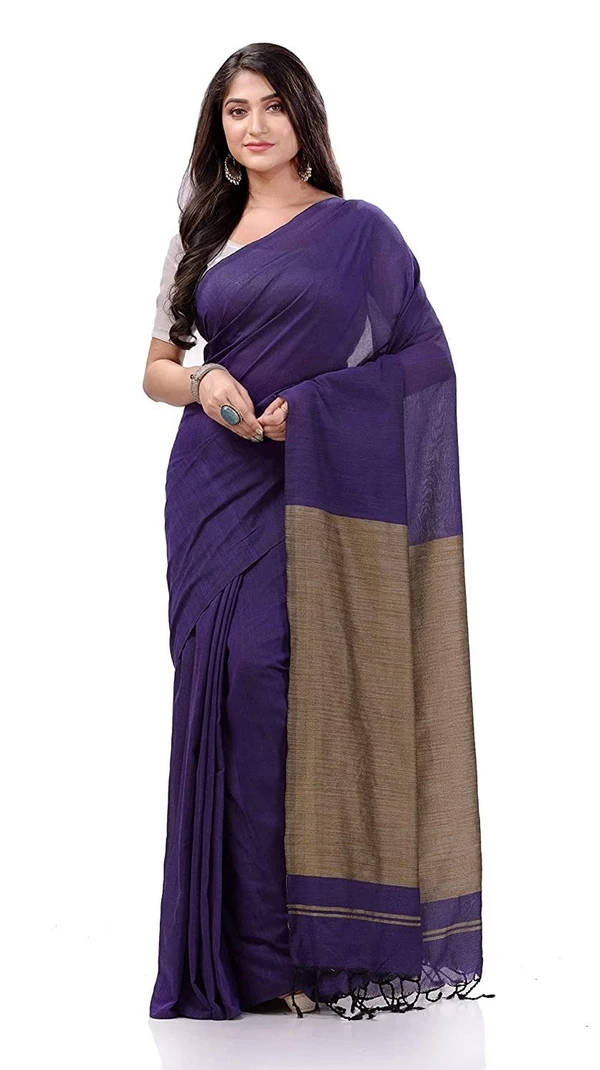 Handloom Solid Color Slab Pallu Saree - Dark Blue