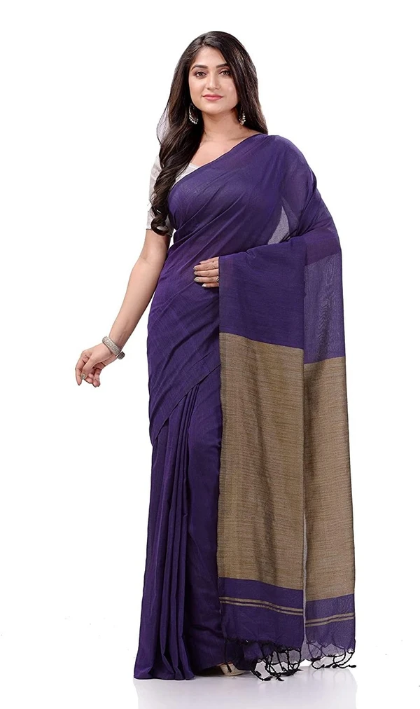 Handloom Solid Color Slab Pallu Saree - Indigo