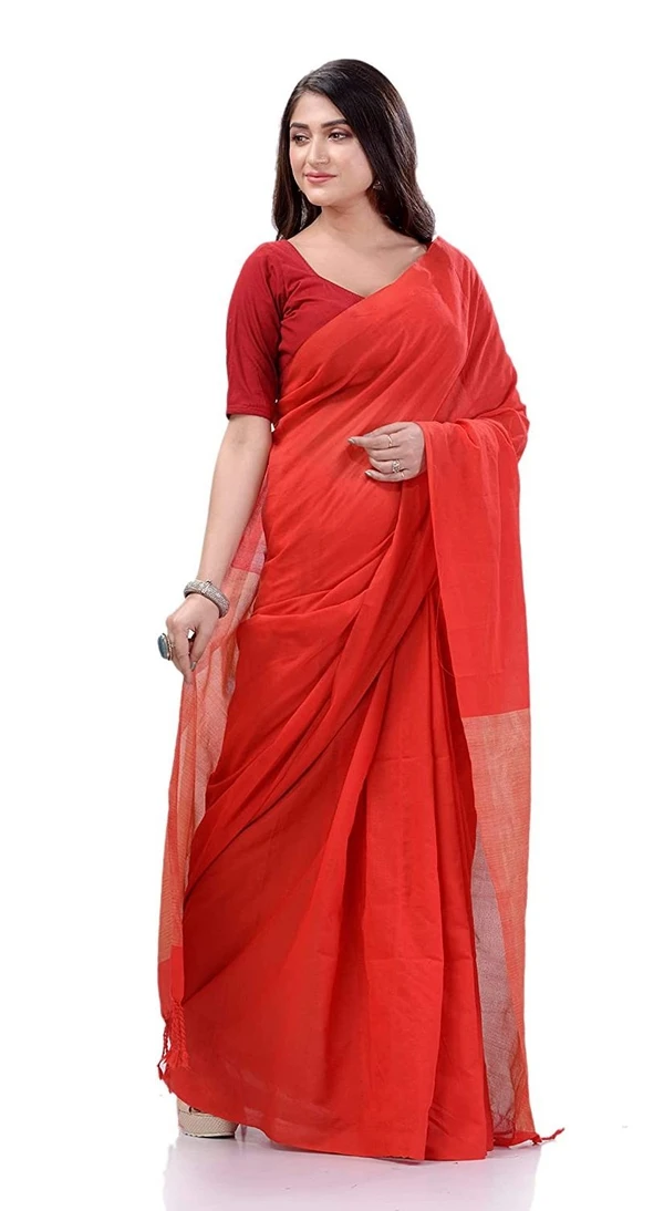 Handloom Solid Color Slab Pallu Saree - Orange