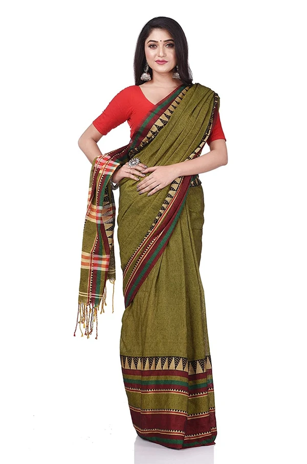 Traditional Woven Temple Border Saree - Olive