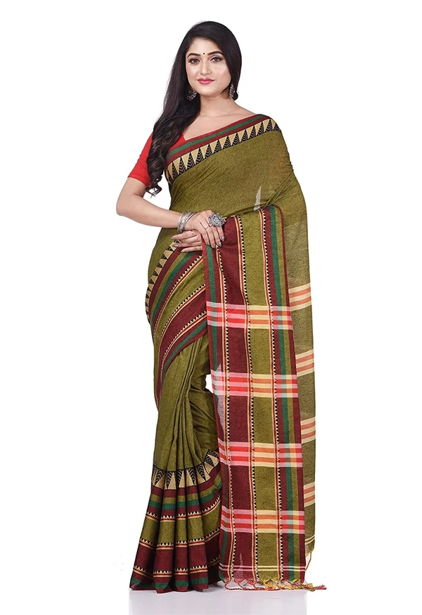 Traditional Woven Temple Border Saree - Olive