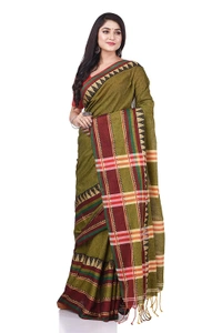 Traditional Woven Temple Border Saree - Olive