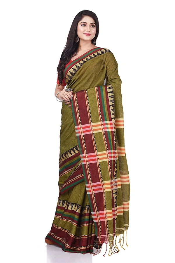 Traditional Woven Temple Border Saree - Olive