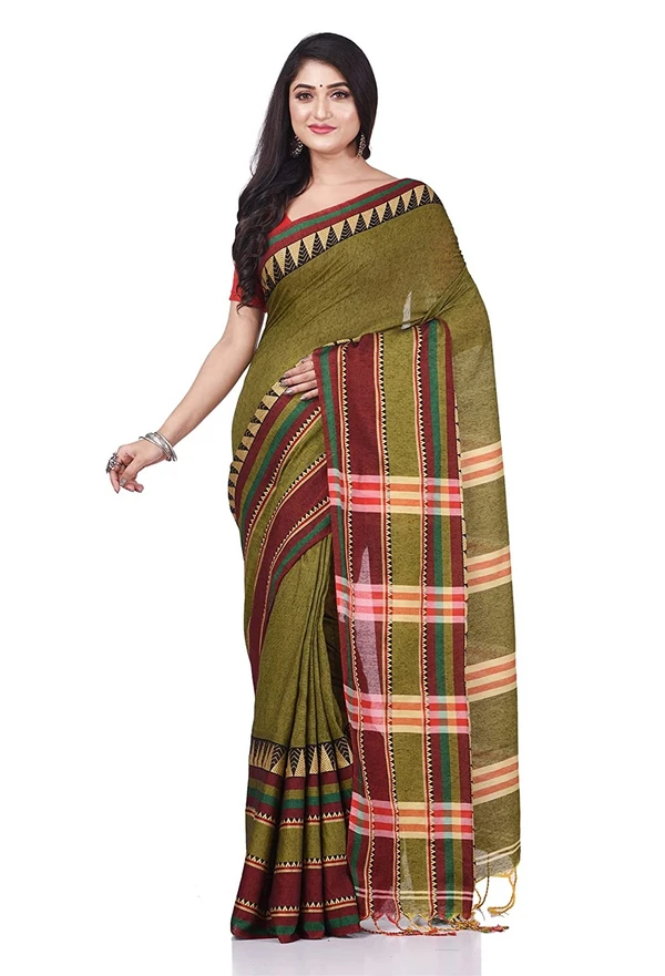 Traditional Woven Temple Border Saree - Olive