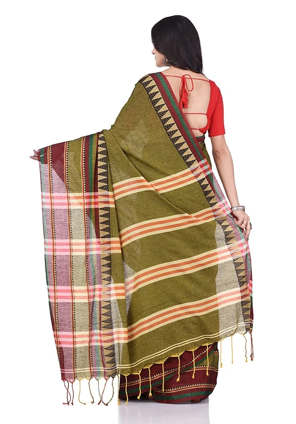 Traditional Woven Temple Border Saree - Olive