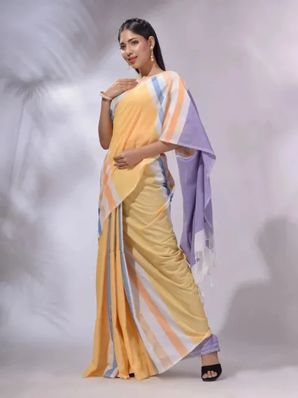 Handloom Multicolored Strips Saree - Peach