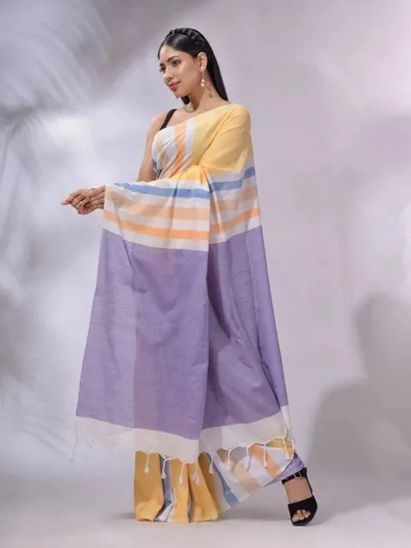 Handloom Multicolored Strips Saree - Peach