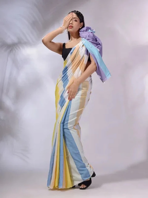 Handloom Multicolored Strips Saree - Sidecar