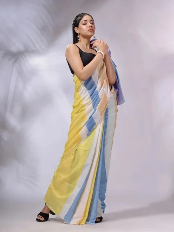 Handloom Multicolored Strips Saree - Sidecar