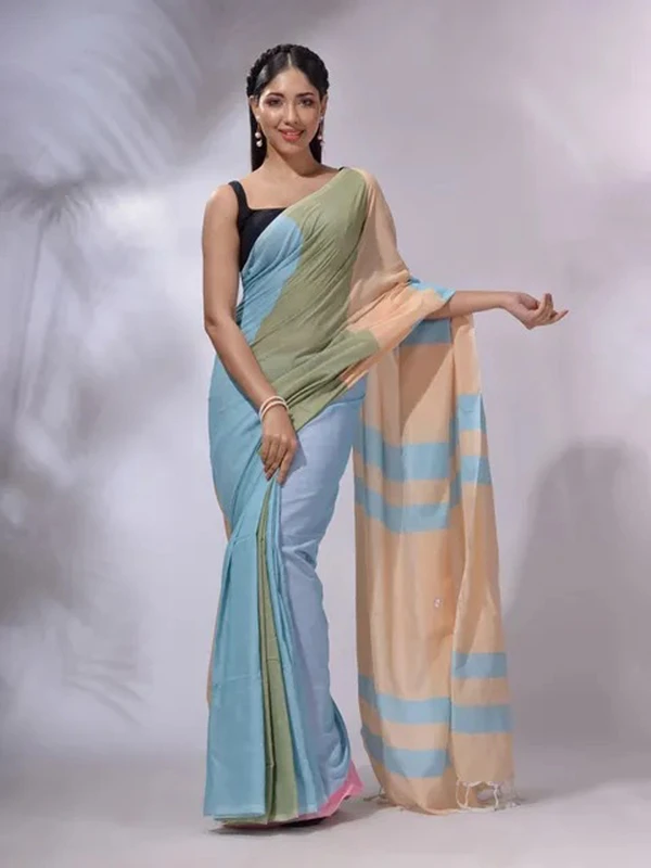 Handloom Multicolored Strips Saree - Regent St Blue