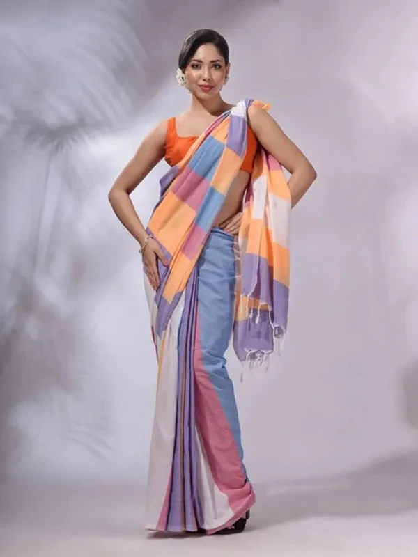 Handloom Multicolored Strips Saree - Pink