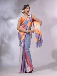 Handloom Multicolored Strips Saree - Pink
