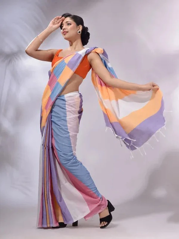 Handloom Multicolored Strips Saree - Pink