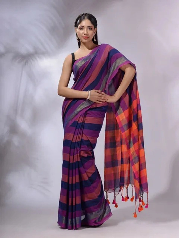 Handloom Contrast Colored Check Saree - Flirt