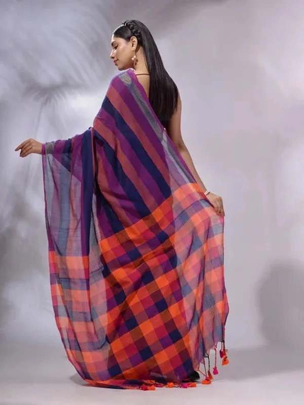 Handloom Contrast Colored Check Saree - Flirt
