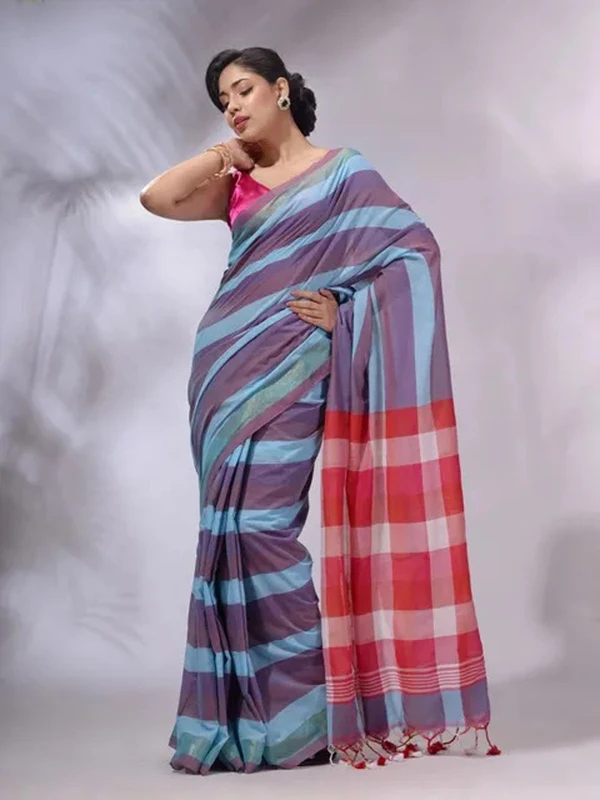 Handloom Contrast Colored Check Saree - Gigas