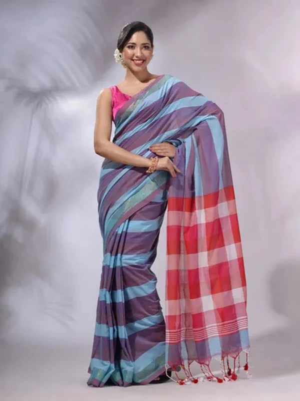 Handloom Contrast Colored Check Saree - Gigas