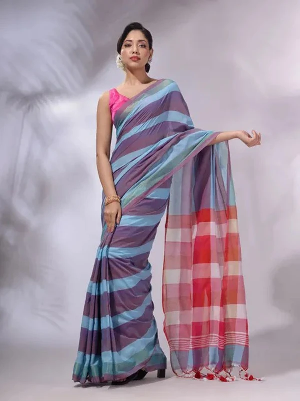 Handloom Contrast Colored Check Saree - Gigas