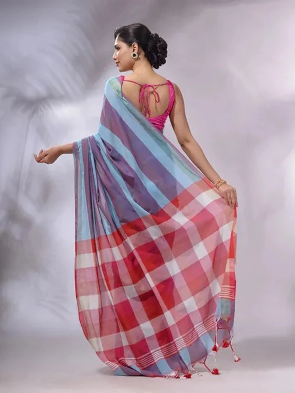 Handloom Contrast Colored Check Saree - Gigas