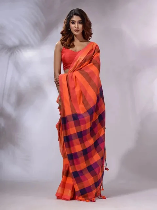 Handloom Contrast Colored Check Saree - Peru Tan