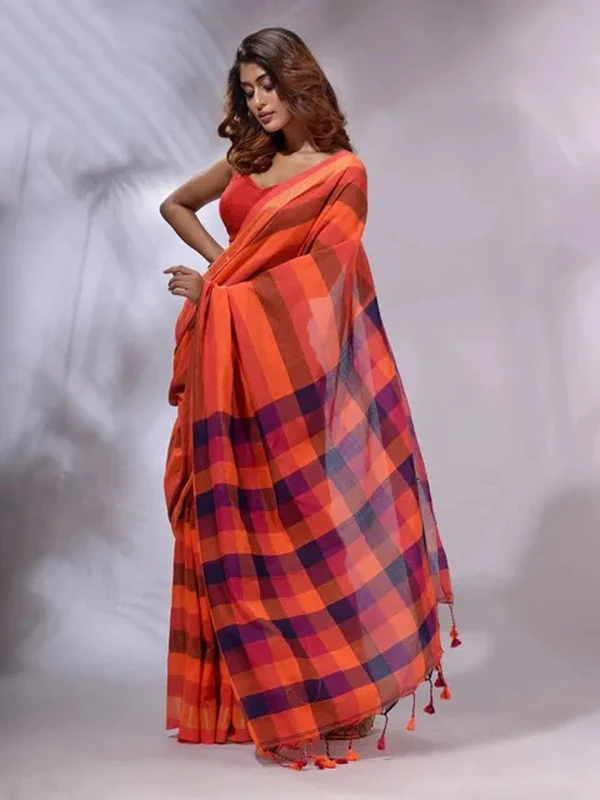 Handloom Contrast Colored Check Saree - Peru Tan