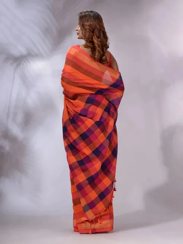 Handloom Contrast Colored Check Saree - Peru Tan