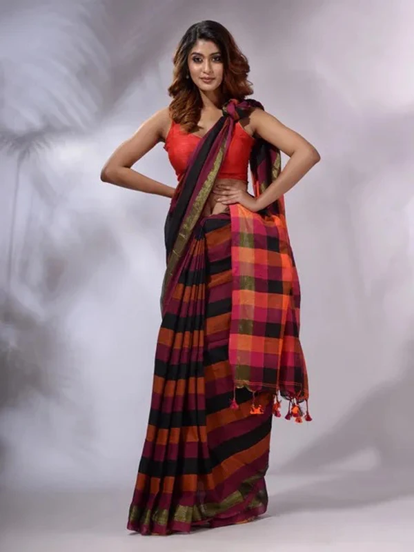 Handloom Contrast Colored Check Saree - Black