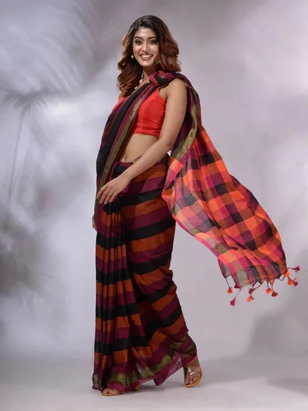 Handloom Contrast Colored Check Saree - Black