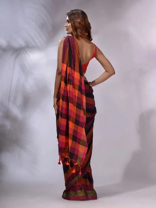 Handloom Contrast Colored Check Saree - Black