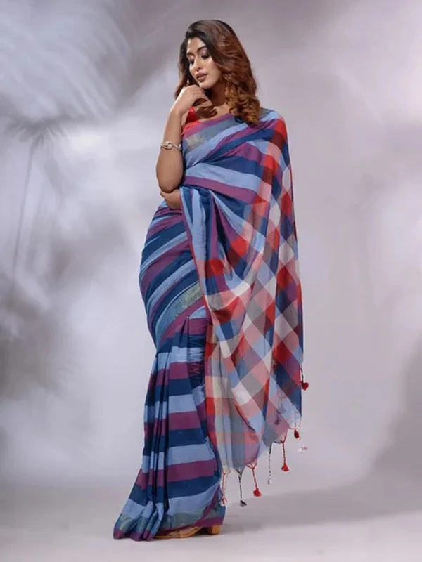 Handloom Contrast Colored Check Saree - Blue