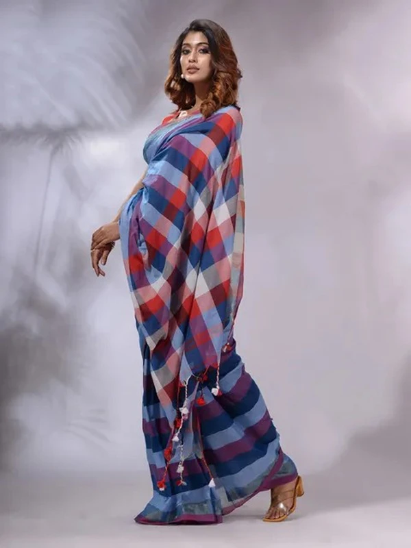 Handloom Contrast Colored Check Saree - Blue