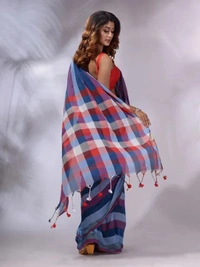 Handloom Contrast Colored Check Saree - Blue