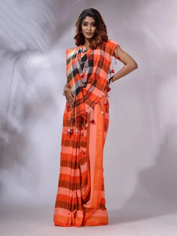 Handloom Contrast Colored Check Saree - Blaze Orange