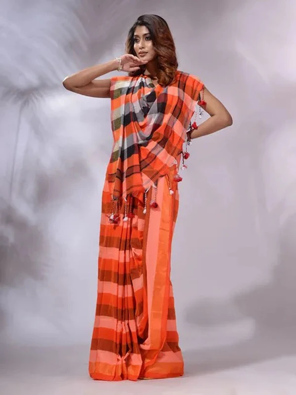 Handloom Contrast Colored Check Saree - Blaze Orange