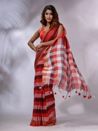 Handloom Contrast Colored Check Saree - Guardsman Red