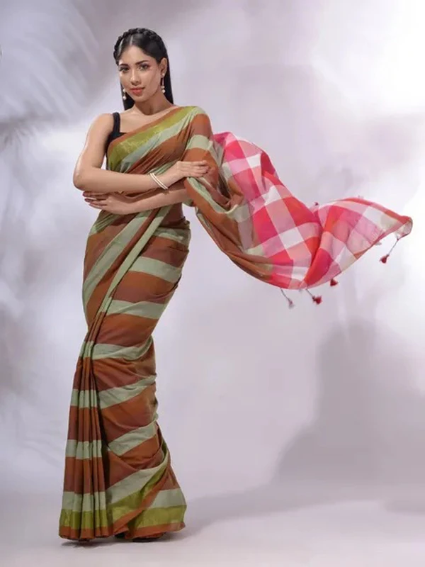 Handloom Contrast Colored Check Saree - Olive