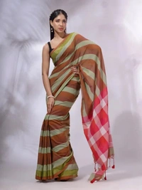 Handloom Contrast Colored Check Saree - Olive