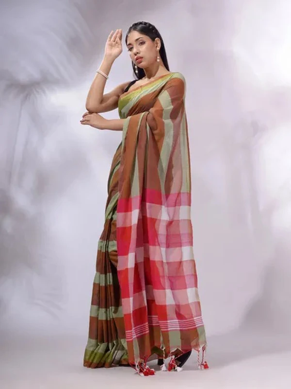 Handloom Contrast Colored Check Saree - Olive