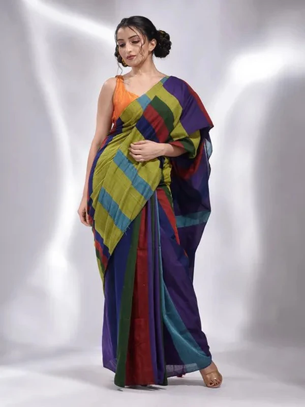 Handloom Multicolored Strips Saree - Olive