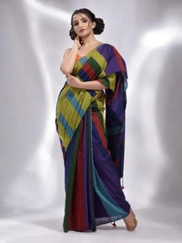 Handloom Multicolored Strips Saree - Olive