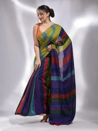 Handloom Multicolored Strips Saree - Olive