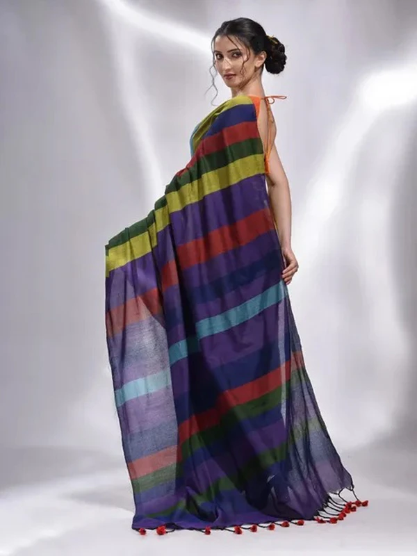 Handloom Multicolored Strips Saree - Olive