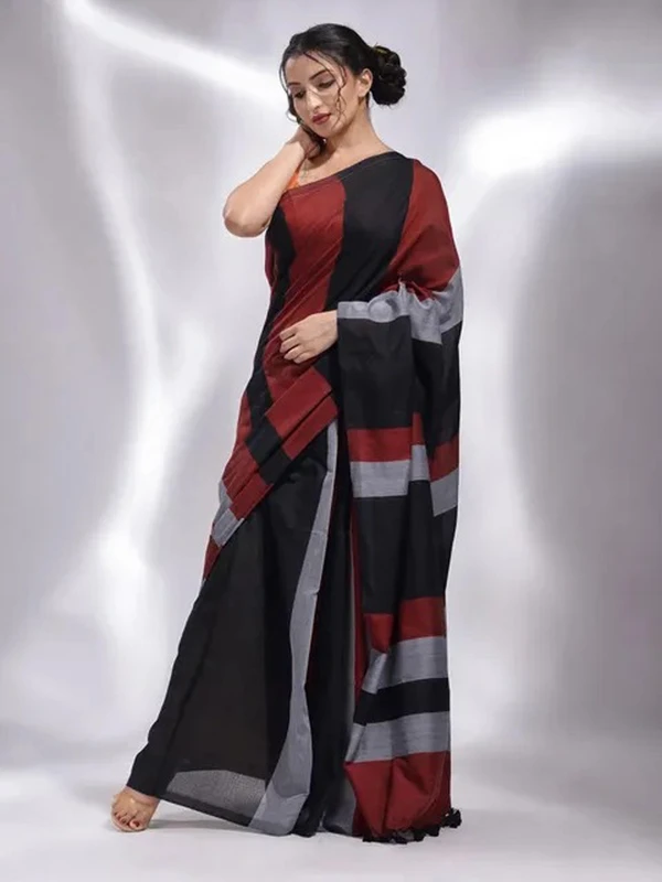 Handloom Multicolored Strips Saree - Black