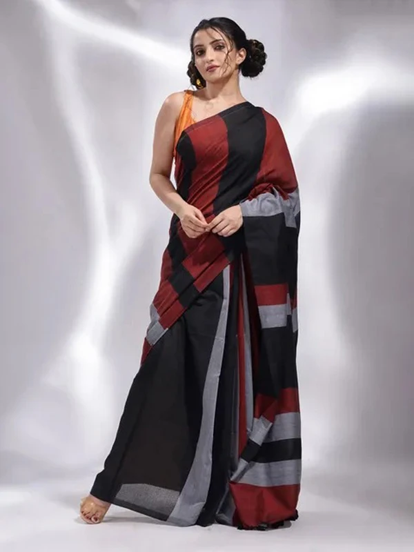 Handloom Multicolored Strips Saree - Black