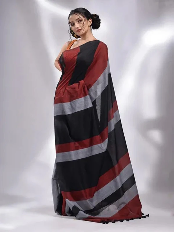 Handloom Multicolored Strips Saree - Black