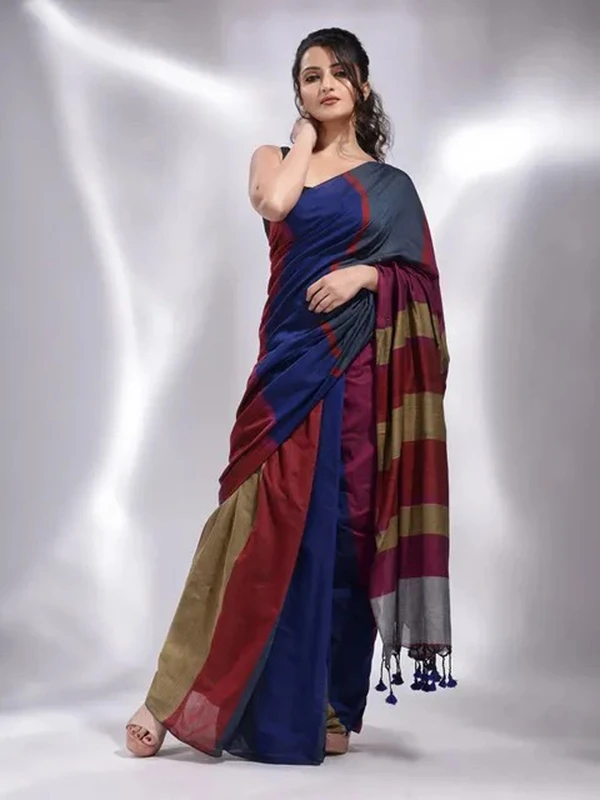 Handloom Multicolored Strips Saree - Navy Blue