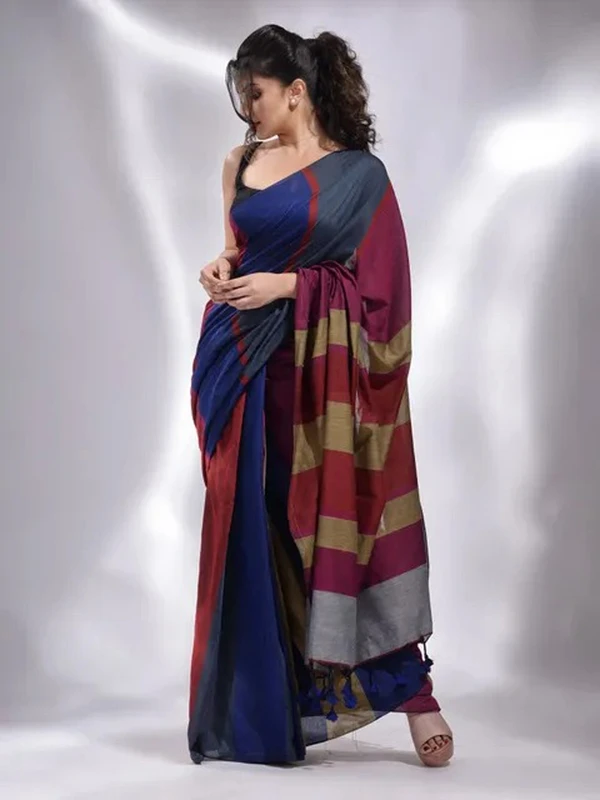 Handloom Multicolored Strips Saree - Navy Blue