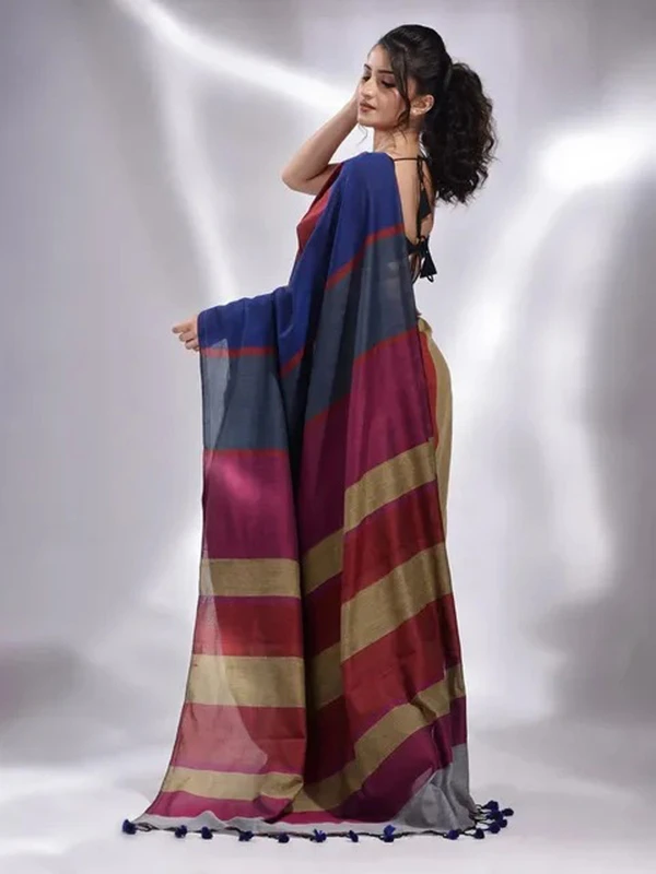 Handloom Multicolored Strips Saree - Navy Blue